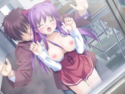 against_glass aki_no_urara_no_akane-iro_shoutengai blinding_bangs blush bow breast_press breasts breasts_on_glass chair classroom cleavage closed_eyes clothing couple doggy_style door dutch_angle floor game_cg hair_ribbon hidden_eyes large_breasts long_hair nipples no_bra odajima_kosuzu odajima_kousuke open_clothes open_shirt peko purple_hair pussy_juice ribbon school_uniform sex shirt short_hair table wall window