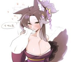 1girls 1other blush breasts brown_hair cleavage female female kimono large_breasts looking_at_viewer ran_(trickcal_re:vive) retaker simple_background tail thought_bubble translation_request trickcal_re:vive white_background wolf_ears yellow_eyes