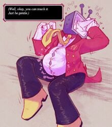 belly_bulge belly_noises clothed deltarune deltarune_chapter_3 dialogue_box digestion_noises fallenlust hearts_around_head inviting male male_focus male_only non-human panting pleasured solo stuffing suit suit_and_tie tenna_(deltarune) tight_clothing