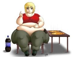 1girls bbw big_belly blonde_hair cagalli_yula_athha capri_pants chair cola female gundam_seed pizza smile tagme thepervertwithin thick_thighs