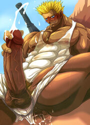 anal_fingering ass_juice bara battle_arena_toshinden blonde_hair clothing club cum fake_iron fingering huge_cock male male_only muscle muscles orgasm outdoors penis rungo_iron source_request sweat tank_top weapon wet_clothes yaoi