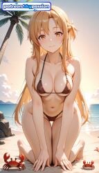 1girls 2026 ai_assisted ai_generated anime asuna_(sao) barefoot beach bikini boobs breasts bust crab hi_res high_quality high_resolution highres long_hair looking_at_viewer navel patreon patreon_username sand skypassion smile solo stable_diffusion sunset swimsuit sword_art_online sword_art_online:_alicization tits watermark yuuki_asuna