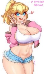 1girls alternate_hairstyle anisdrawn big_breasts blonde_hair blue_eyes breasts busty female female_focus female_only hand_on_face hi_res large_breasts legs light-skinned_female light_skin long_hair looking_at_viewer mario_(series) massive_breasts midriff navel peace_sign ponytail princess_peach short_shorts shorts smile solo thick_thighs thighs toned white_background wide_hips
