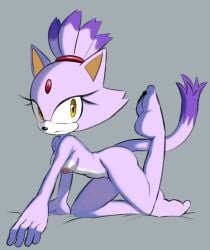accessory all_fours anthro barefoot blaze_the_cat breasts dipstick_tail domestic_cat feet felid feline felis female forehead_gem fur gem hair_accessory hi_res looking_at_viewer mammal markings multicolored_body multicolored_fur nipples purple_body purple_fur rokkerth sega solo sonic_(series) sonic_the_hedgehog_(series) tail tail_markings white_body white_fur yellow_eyes
