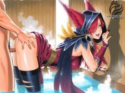 ayakonarts bandages bent_over bird_girl hot_tub league_of_legends sauna sex sex_from_behind water xayah