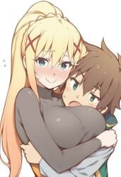 1boy 1girls ai_generated blonde_hair blush breasts cuddling darkness_(konosuba) hug huge_breasts jei_games kono_subarashii_sekai_ni_shukufuku_wo! long_hair looking_at_viewer satou_kazuma sweatdrop white_background