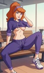 ai_generated ass bigmic145 breasts cartoon_network daphne_blake daphne_blake_(mystery_incorporated) female hoodie masturbation navel ponytail red_hair scooby-doo scooby-doo!_mystery_incorporated squirting track_suit wet wet_clothes wet_clothing