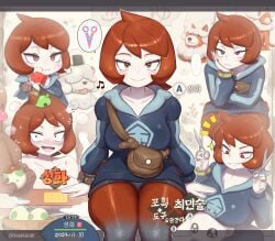 arezu_(pokemon) artist_name blue_hoodie brown_bag button_prompt cowlick cutting_another's_hair cutting_hair diamond_clan_outfit diglett doge domaguri egg female food fruit galaxy_expedition_team_survey_corps_uniform gen_1_pokemon gradient_clothes gradient_legwear hisuian_growlithe hood hoodie looking_at_viewer multiple_views nintendo onigiri pantyhose pokemon pokemon_(creature) pokemon_egg pokemon_legends:_arceus red_hair red_pantyhose scissors thick_thighs thighs twitter_username two-tone_legwear watermark watermelon