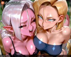 2girls ai_generated android_18 android_21 asmutcriminal asymmetrical_docking bandages bare_shoulders black_bra blue_eyes blush bra breast_press breasts cleavage collarbone colored_skin dragon_ball ear_piercing earrings forehead green_skin half-closed_eyes heavy_breathing hoop_earrings jewelry large_breasts long_hair multiple_girls naughty_face open_mouth pointy_ears red_eyes saliva shiny shiny_skin short_hair sweat tagme teeth tongue tongue_out trembling underwear