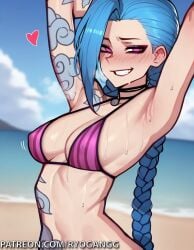 1female 1girls 2d 2d_(artwork) ai_generated arcane arcane_jinx asymmetrical_bangs asymmetrical_hair bikini bikini_bottom bikini_top blue_hair jinx_(league_of_legends) league_of_legends light-skinned_female light_skin patreon patreon_username purple_eyes ryogangg tattoo tattoo_on_arm