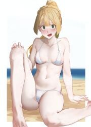 :d absurdres alternate_costume arm_support barefoot bikini blonde_hair blush braid breasts collarbone commentary_request day eyelashes female green_eyes hand_on_own_knee highres keiz lillie_(pokemon) long_hair looking_at_viewer navel nintendo open_mouth outdoors pokemon pokemon_sm sand shore sitting smile solo swimsuit water white_bikini