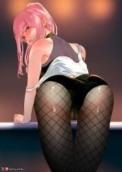 1girls ass ass_focus back_view blush hololive hololive_english looking_at_viewer looking_back mori_calliope pink_hair ponytail red_eyes solo tetsuniku virtual_youtuber