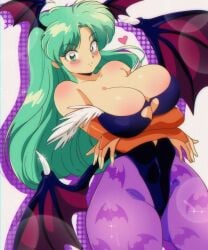 1girls 2024 arms_under_breasts armwear bat_print big_breasts blush capcom cleavage darkstalkers female female_only green_eyes green_hair head_wings heart leotard long_hair looking_at_viewer morrigan_aensland pantyhose purple_pantyhose retro_artstyle smiling smiling_at_viewer solo succubus succubus_wings very_high_resolution vizaz wide_hips wings