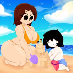 angelonce big_boobs big_breasts bikini black_hair boobies boobs brown_hair canon_couple canon_x_oc couple couple_(romantic) feet mii mii_gunner mii_gunner_(smash_4) muscle_mommy nintendo nsfwed22 sand sand_castle shorts sky smile sona suggestive super_smash_bros super_smash_bros._for_nintendo_3ds_and_wii_u tits tomodachi_life tomodachi_life:_living_the_dream topless water