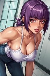 ai_generated bangs bare_shoulders blush breasts cleavage collarbone covered_nipples female large_breasts leaning_forward lips lipstick makeup pants purple_hair red_eyes solo