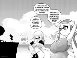 1boy 1futa 2girls balls beach bellymuffing_(artist) bikini breasts bulge bulging_balls casual casual_exposure clothed clothing cock_vore dialogue endosoma erection female freckles futanari giantess huge_balls huge_breasts huge_cock humanoid humanoid_penis hyper hyper_breasts hyper_penis inkling inkling_boy inkling_futa inkling_girl intersex male massive_breasts masturbation mostly_nude muscular muscular_female nervous_smile nintendo penis public_nudity quiver safe_vore smaller_male smug_face splatoon splatoon_(series) standing stroking_penis text thick_thighs vore vore_belly