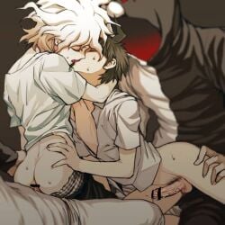 4boys cum danganronpa foreskin gangbang gay gay_sex hinata_hajime kissing male male_only nagito_komaeda penis riding shirt sweating uncircumcised uncut yaoi