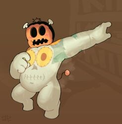 1boy armpit armpit_focus blush deltarune deltarune_chapter_4 jackenstein looking_at_viewer male male_only musk musk_clouds pumpkin_head raising_arm simple_background skull_marking solo stitches sweat sweatdrop tan_body textless