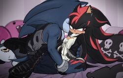 1ambiguous 1girls cross_necklace ear_piercing eulipotyphlan eyelashes female fingers_interlocked genderswap_(mtf) handholding in_bed muscular red_eyes rule_63 shade_the_hedgehog shadow_the_hedgehog size_difference sonic_(series) sonic_the_hedgehog_(series) terios_the_hedgehog