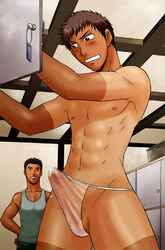 2boys beige_penis beige_skin black_eyes black_hair blush brown_eyes brown_hair bulge censored clothed_erection club_z dark_hair dressing erect_nipples erection erection_under_clothes gay jock jock_slut key locker_room lockers male male_only matching_hair_and_eyes mosaic_censoring mostly_nude multiple_boys muscle penis penis_awe pixelated pointless_censoring precum see-through sex sheer short_hair smile standing tan_penis tan_skin tank_top tanline tanned underwear voyeurism yaoi