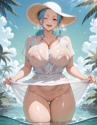 1girls ;d ai_generated alex-schura areolae ass_visible_through_thighs bangs bare_shoulders beach blue_hair blue_sky blush bottomless breasts clavicle cleavage cleft_of_venus clothes_lift clothes_pull clothing cloud collarbone covered_erect_nipples covered_nipples curvaceous curvaceous_female curvaceous_figure curvy curvy_figure day dress dress_lift dress_pull earrings erect_nipples exhibitionism eyelashes female female female_focus female_only forehead hat headwear huge_breasts inviting inviting_to_sex jewelry large_breasts lifted_by_self lips long_hair looking_at_viewer mature mature_female milf mole_on_breast navel nefertari_vivi nipples no_bra no_panties nopan ocean one_eye_closed one_piece open_mouth outdoor_nudity outdoors outside palm_tree parted_bangs partially_submerged presenting presenting_ass presenting_breasts presenting_hindquarters presenting_self pussy seductive seductive_look seductive_smile see-through shiny_skin shirt short_sleeves skindentation sky smile solo standing straw_hat sun_hat sundress sunlight sweat swimsuit thick_thighs thigh_gap thighs tree upper_teeth_only vagina voluptuous voluptuous_female wading water wet wet_clothes wet_dress wet_shirt white_dress white_headwear wide_hips wink
