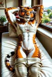 ai_generated armpit_hair dreamworks feline female master_tigress open_mouth pants_pulled_down pubes pubic_hair tiger tigress topwear