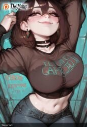 ai_generated ayase_momo black_choker blush breasts brown_eyes brown_hair choker denim dollmaker dollmaker_(artist) earrings female jeans jewelry large_breasts lying navel pants patreon_username pillow short_hair smile solo tagme watermark web_address