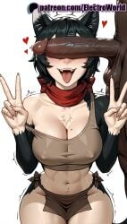 1boy 1girls 2025 ai_generated artist_name balls black_hair body_writing breast_tattoo breasts bust can't_see_the_haters cant_see_the_haters cat_ears catgirl chest cleavage cock covered_nipples dark-skinned_male dark_skin delicious_in_dungeon dick double_v dungeon_meshi electroworld fangs fellatio_gesture female heart hi_res high_quality high_resolution highres interspecies izutsumi male motion_lines nipples_visible_through_clothing patreon patreon_username penis precum red_scarf scarf short_hair solo_focus stable_diffusion straight testicles tongue tongue_out trembling twitching twitching_penis v watermark