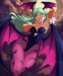 1girls 2024 :q arm_behind_head armwear bat_print blush capcom cleavage darkstalkers female female_only green_eyes green_hair head_wings heart hi_res leotard long_hair looking_at_viewer morrigan_aensland pantyhose purple_pantyhose retro_artstyle smiling smiling_at_viewer solo succubus succubus_wings vizaz wide_hips wings