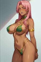 ai_generated bangs bare_shoulders bikini blush bracelet breasts cleavage cowboy_shot dark_skin earrings eyebrows_visible_through_hair female jewelry large_breasts long_hair mole mole_under_mouth navel pink_hair skindentation smile solo swimsuit thighs yellow_eyes