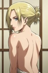 ai_generated annie_leonhardt back bare_back blonde_hair blue_eyes from_behind indoors shoulder_blades solo upper_body