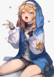1boy 1girls absurdres black_gloves blonde_hair blue_eyes blush bridget female fingerless_gloves gloves guilty_gear guilty_gear_strive hakusyokuto highres hood hood_up hooded_jacket jacket long_sleeves male medium_hair nun open_mouth skirt solo trans trans_woman transfem transgender transgender_woman trap