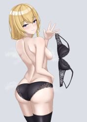 1girls ass bare_shoulders black_bra black_panties black_thighhighs blonde_hair blue_eyes blush bra bra_removed braid breasts female from_behind girls'_frontline grey_background hi_res holding holding_bra lace-trimmed_bra lace-trimmed_panties lace_trim long_hair looking_at_viewer looking_back medium_breasts midori_mushi mosin-nagant_(girls'_frontline) mosin-nagant_(girls'_frontline_2) panties simple_background solo solo_female steam sweat thighhighs topless underwear