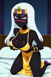 ai_generated bare_shoulders bed bracelet breasts cleavage female jewelry large_breasts long_hair neck_ring on_bed purple_eyes seiza solo