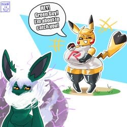 absurd_res annoyed anthro clothing dialogue duo eeveelution female flareon fur generation_1_pokemon green_body green_fur hi_res kanna_(joaoppereiraus) lamar_awakeon legwear male male/female moonix_xero nintendo pikachu pokeball pokemon pokemon_(species) rodent short_female shortstack speech_bubble stockings tail team_rocket thick_thighs white_body white_fur wide_hips yellow_body yellow_eyes yellow_fur