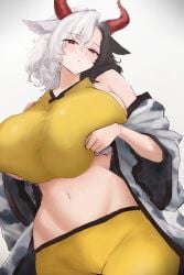 1girls animal_ears big_breasts black_hair breasts clothed_female cow_ears cow_girl cow_print_jacket horns huge_breasts jacket light-skinned_female mature_female moriforest1040 multicolored_hair red_eyes solo solo_female touhou urumi_ushizaki white_background white_hair