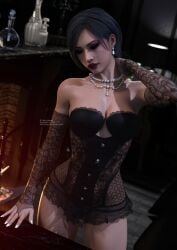 1girls 3d 3d_(artwork) 3d_model 3d_render ada_wong asian asian_female black_hair brown_eyes closed_eyes clothed corset corset_bra dark_lipstick earrings elbow_gloves elbow_sleeve elegant eyeshadow fireplace fit fit_female flasks gloves highres hourglass_figure jewelry lace light-skinned_female light_skin lingerie lingerie_only lipstick makeup mrs.akanes painted_nails panties pearl_necklace realistic resident_evil resident_evil_4 resident_evil_4_remake see-through see-through_clothing short_hair sleeves teardrop_earrings