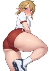 1boy 1femboy 2025 ai_generated ass balls big_ass blonde_hair bloomers blue_eyes blush dispatcher2 embarrassed femboy feminine_male link looking_at_viewer male pointy_ears red_shorts shorts simple_background sneakers socks sports_shorts sports_uniform sportswear steamy_balls steamy_breath sweat sweatdrop testicles the_legend_of_zelda thick_thighs thighs tight_shorts twink white_background white_socks