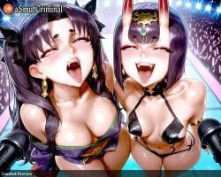 2girls ai_generated alcohol arms_behind_back asmutcriminal bangs bare_shoulders black_bikini blush breasts camera cleavage collarbone drunk earrings eyeliner fangs fate_(series) female fireworks gem hair_ornament horns ishtar_(fate) japanese_clothes jewelry kimono lantern large_breasts long_hair looking_at_viewer makeup minamoto_no_raikou_(fate) multiple_girls navel off_shoulder oni oni_horns open_mouth parted_bangs purple_eyes purple_hair purple_kimono red_eyes revealing_clothes ribbon saliva shiny_skin short_hair shuten_douji_(fate) skin-covered_horns small_breasts sweat tagme teeth thighhighs thighs tongue tongue_out water_gun wet