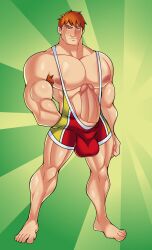 1boy armpit_hair ball_bulge balls balls_in_clothing barefoot biceps big_balls big_pecs blush bulging_biceps cheek_bones circumcised erection feet giant_cock grabbing_own_penis gripping_cock hand_in_pants huge_pecs huge_pectorals looking_at_viewer male male_focus male_only muscles muscular muscular_arms muscular_legs muscular_male muscular_thighs nipples orange_hair pecs pectorals penis shiny_skin singlet singlet_aside singlet_only skimpy_outfit smirk solo solo_focus solo_male thick_thighs wade_(class_comics) wrestling_singlet yuunsfw