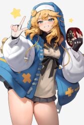 1boy absurdres black_gloves blonde_hair blue_eyes blue_jacket bridget commentary_request fingerless_gloves gloves grey_background guilty_gear guilty_gear_strive hakusyokuto highres index_finger_raised jacket long_sleeves looking_at_viewer male_focus smile standing star_(symbol) thighs white_sleeves yo-yo