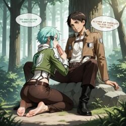 ai_failure ai_generated asada_shino attack_on_titan bad_anatomy blowjob blue_hair brown_hair clothed clothed_female clothed_male clothing crossover day dialogue eren_jaeger fellatio female forest gun_gale_online human human_female human_male light-skinned_female light-skinned_male light_skin male male/female oral oral_sex outdoors sinon sword_art_online
