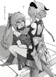 2girls female_only ganyu_(genshin_impact) genshin_impact hand_on_hip hand_on_neck horn horns keqing_(genshin_impact) lesbian_sex long_hair short_hair sitting sitting_on_person takumi twintails yuri