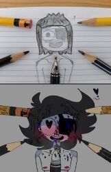blush blush blush_lines confusing cum eyepatch facial highres imskip_(artist) male male_only nipples pencil pencil_(object) tagme topless topless_male why yocknock