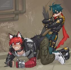 2boys all_fours animal_ears artist_name black_jacket blush bulge clenched_teeth commentary_request dated dog_boy dog_ears dog_tail earrings gay gay_male hugging_tail jacket jewelry komano_manato leather leather_jacket lighter_(zenless_zone_zero) looking_at_another male_focus multicolored_hair multiple_boys necklace paid_reward_available radx26 red_scarf scar scar_across_eye scar_on_face scarf suggestive_fluid sunglasses tail teeth yaoi zenless_zone_zero