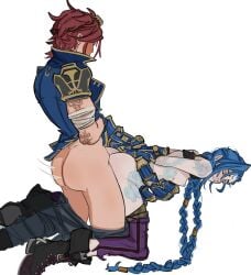 2girls arcane arcane:_league_of_legends arcane_jinx arcane_vi ass bandaged_arm bandages biceps biting_own_lip blue_hair blue_jacket boots braid braided_ponytail breasts closed_eyes clothes_pull cloud_tattoo crop_top female from_behind futa_with_female futanari gauntlets goggles goggles_on_head highres ii_oi_i iioii implied_futa incest intersex jacket jinx_(league_of_legends) kneeling league_of_legends long_hair multiple_girls muscular muscular_female nipples pants pants_pull red_hair restrained sex sex_from_behind short_hair siblings sisters small_breasts striped_clothes striped_pants tattoo thighs twin_braids vi