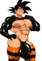 1boy abs ai_generated bara black_hair bulge dragon_ball latex_armwear male male_focus male_only muscular muscular_male pecs pectorals puffy_nipples self_upload simple_background smile solo solo_male son_goku striped_thighhighs thighhighs thong white_background