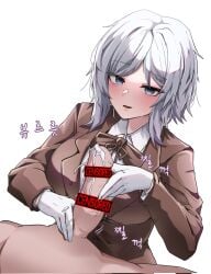 brown_jacket brown_ribbon chanwoo faust_(project_moon) gloved_handjob gloves hair_between_eyes handjob highres jacket limbus_company looking_at_viewer official_alternate_costume project_moon ribbon shirt simple_background white_background white_gloves white_hair white_shirt
