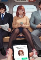 1boy ai_generated chastity_cage femboy flat_chastity_cage leaking_precum pov precum public secretivethoughts_(artist) short_hair texting thighhighs train train_interior upskirt