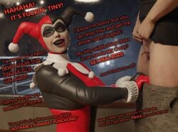 3d dialogue harley_quinn harley_quinn_(classic) laughing pants_down small_penis small_penis_humiliation smile throwingblue